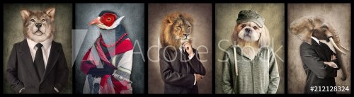 Animals in clothes. Concept graphic in vintage style. Wolf, Bird, Lion, Dog, Elephant.