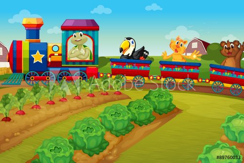 Animals riding on train by the farm - 901148033