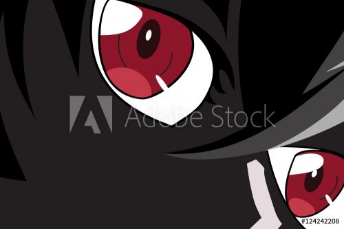 Anime eyes. Red eyes on black background. Anime face from cartoon. Backdrop for poster. Vector illustration