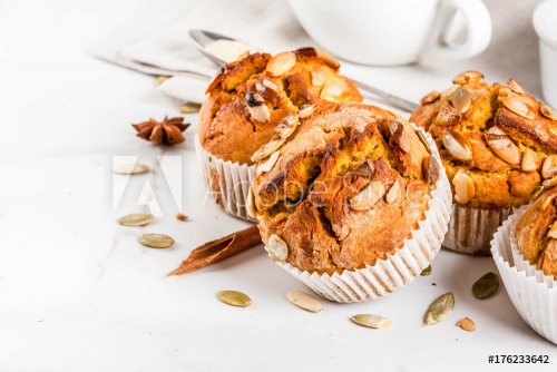 Autumn and winter baked pastries. Healthy pumpkin muffins with traditional fa... - 901152519