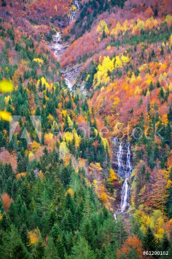 Autumn Bujaruelo Ordesa waterfal in colorful fall forest Huesca - 901141313