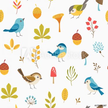Autumn floral seamless pattern with little birds, leaves, berries, mushrooms and acorns.