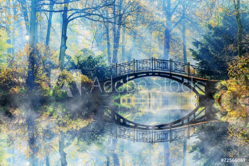 Autumn - Old bridge in autumn misty park - 901143575