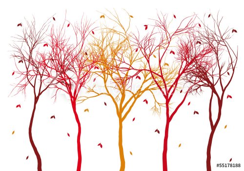autumn trees with colorful falling leaves, vector - 901144243