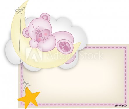Baby girl label teddy bear sleeping on a moon - 900949575