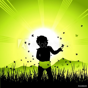 Baby on nature, black silhouette - 900459902