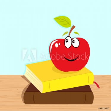 Back to school: books and red smiling apple character - 900706123