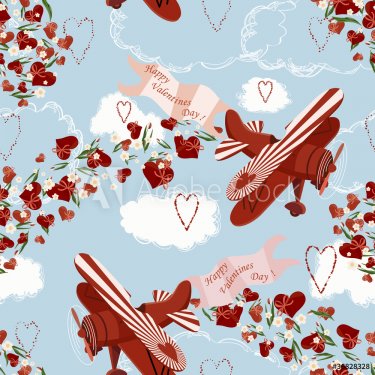 Background with biplanes throwing valentines and flowers - 900461645