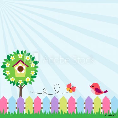 Background with bird and flying butterfly near blooming tree - 900465767