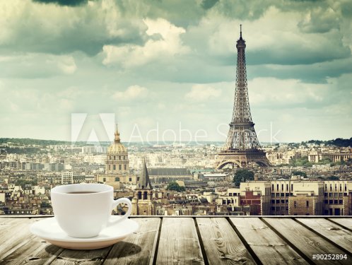 background with cup of coffee and Eiffel tower in Paris - 901154039