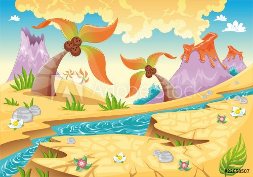 Background with tree palms and volcanoes. Vector illustration.
