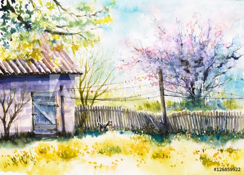 Backyard at spring. Picture created with watercolors. - 901153774