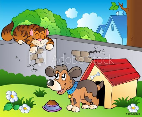 Backyard with cartoon cat and dog - 900492050