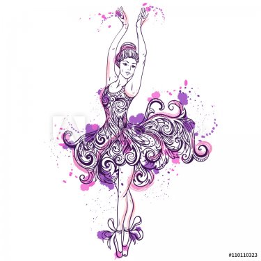 Ballerina with floral ornament dress and splashes in watercolor style. Vintage hand drawn vector illustration