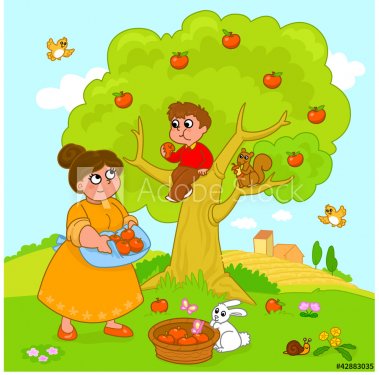 Bambino e mamma raccolgono le mele. Vettore.