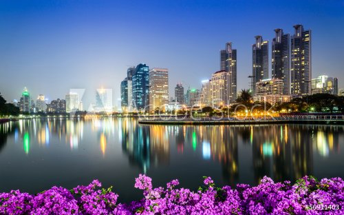 Bangkok city downtown at night with Bougainvillea flower foregro - 901141940