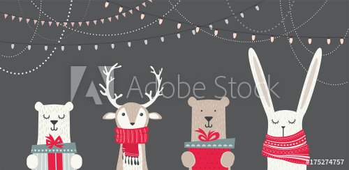 banner with cute winter animals with presents and scarfs. merry christmas and... - 901151763