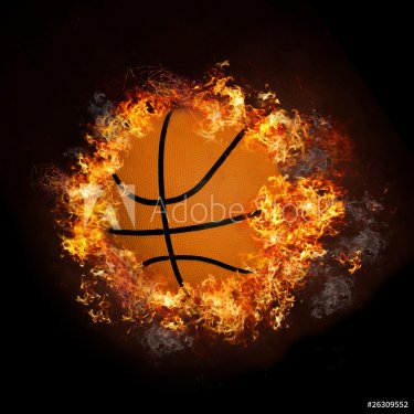 Basketball on hot fire smoke with black background - 900111517