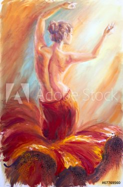 Beautiful dancing woman in red. Oil painting. - 901142960