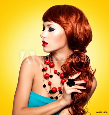Beautiful fashionable woman with red nails and red hairs - 901143627