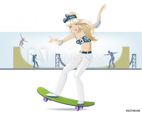 Beautiful girl on a skateboard goes in for sports - 901142490
