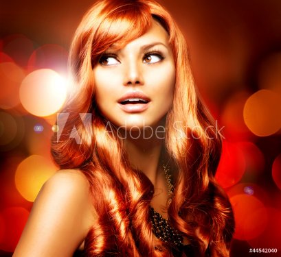 Beautiful Girl With Shiny Red Long Hair over Blinking Background - 900659162
