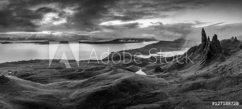 Beautiful monochrome panorama at the Old Man of Storr, Isle of Skye, Scotland - impressive and mysterious scenery early in the morning