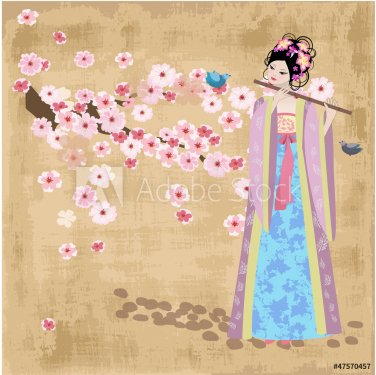Beautiful Oriental girl near cherry blossoms
