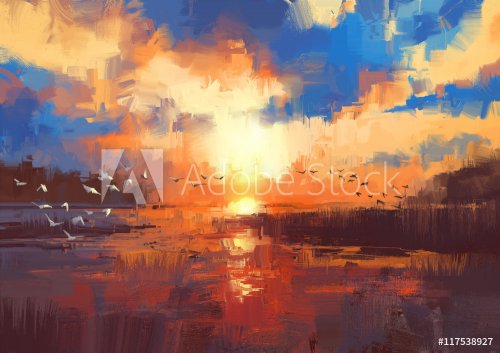 beautiful painting showing sunset on the lake,illustration - 901153844