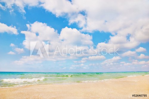 Beautiful panorama of sea beach with waves and blue cloudy sky