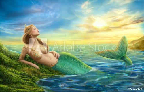 Beautiful princess- fantasy mermaid at sunset background