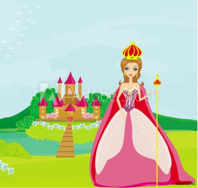 Beautiful queen in front of her castle - 901143122