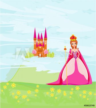 Beautiful queen in front of her castle - 901143123