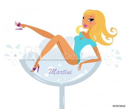 Beautiful retro girl in Martini glass isolated on white