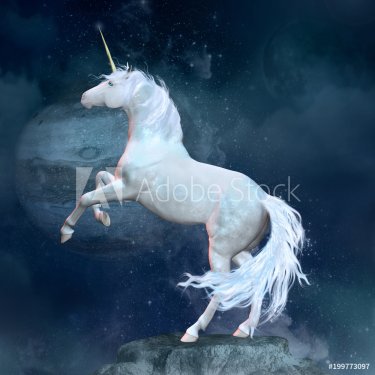 Beautiful unicorn over a rock in a space scenery - 901154657