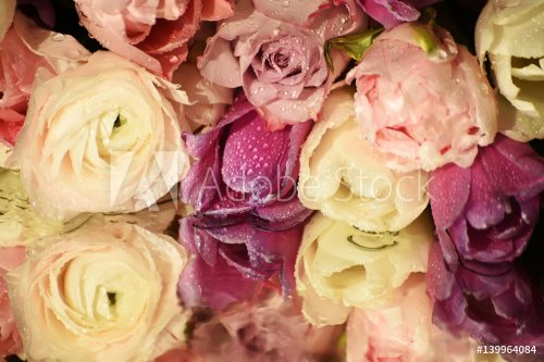 Beautiful white roses and pink, white tulipson the shiny surface of the spark... - 901149004