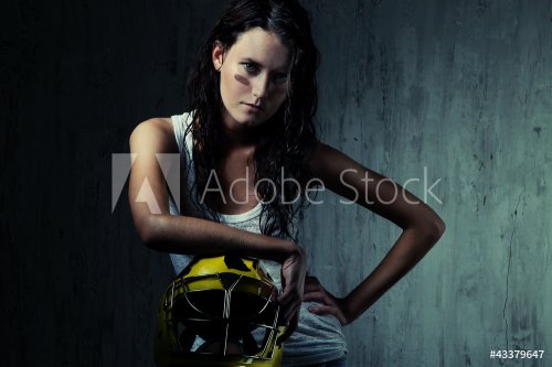 Beautiful woman portrait with sport game helmet - 900493383