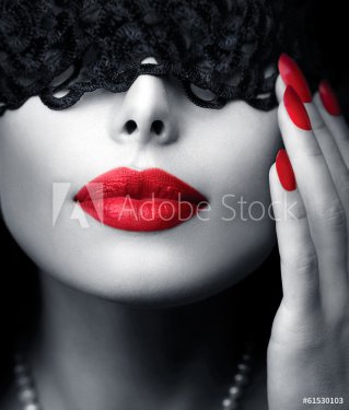 Beautiful Woman with Black Lace Mask over her Eyes - 901151394