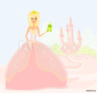 Beautiful young princess holding a big green frog - 901143124