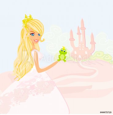 Beautiful young princess holding a big green frog - 901143126
