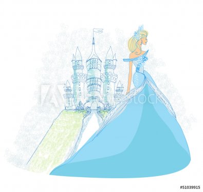 Beautiful young princess in front of her castle - 901143121