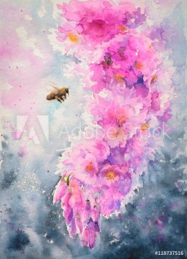 Bee flying to the pink cherry flowers.Picture created with watercolors.