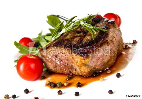 Beef steak medium grilled, isolated on white background - 900444092