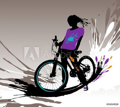 Biker girl silhouette, vector illustration with splashes.
