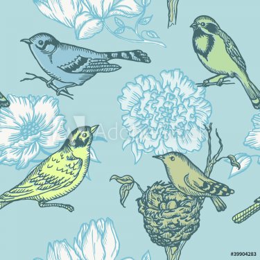 Birds and Flowers - seamless pattern in vector - 900600959