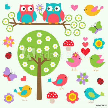 Birds and owls in spring forest. Vector set - 901145426