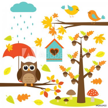 Birds,trees and owl. Autumnal set of vector elements