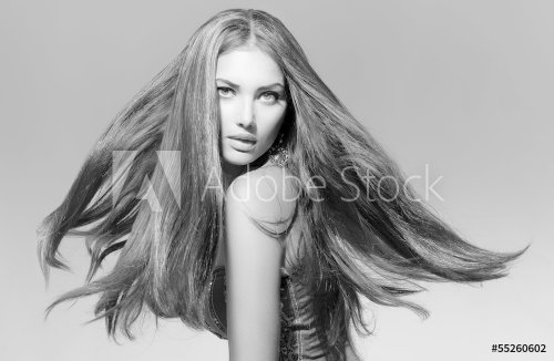 Black and White Fashion Model Girl Portrait with Blowing Hair
