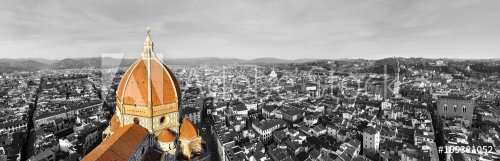 Black and white panorama of the city of Florence, Italy with selective color on the cathedral