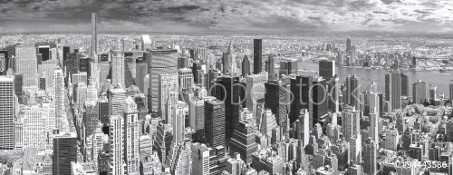 Black and white panoramic view of Manhattan, New York, USA.